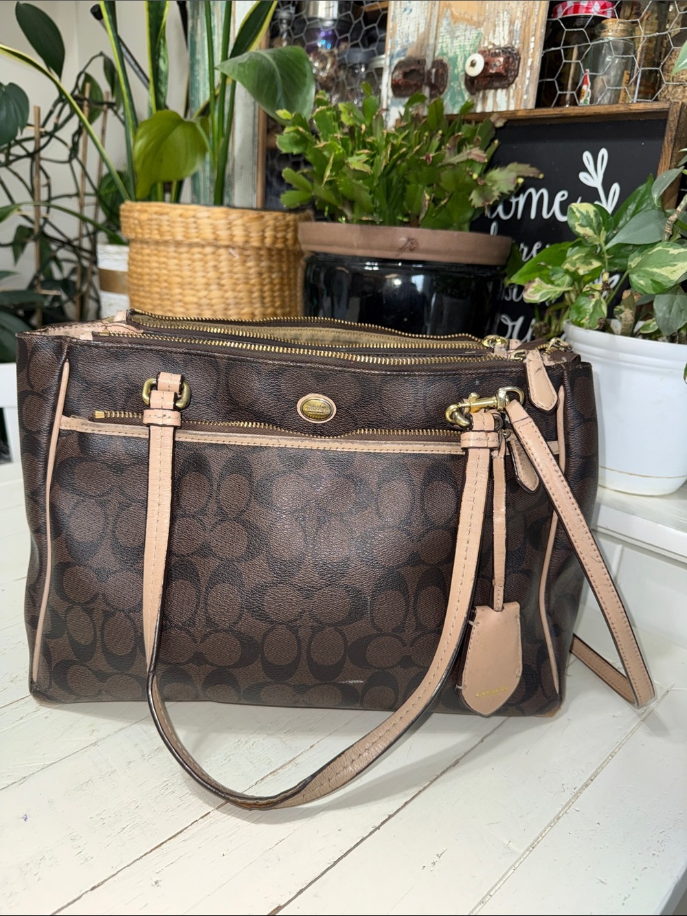 Coach Signature Peyton Double Zip Carryall Shoulder Bag Purse Brown F26186